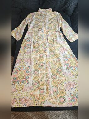 Long Sleeve Button Front Easter Dress With Tie Vibrant Spring Colors Size Large